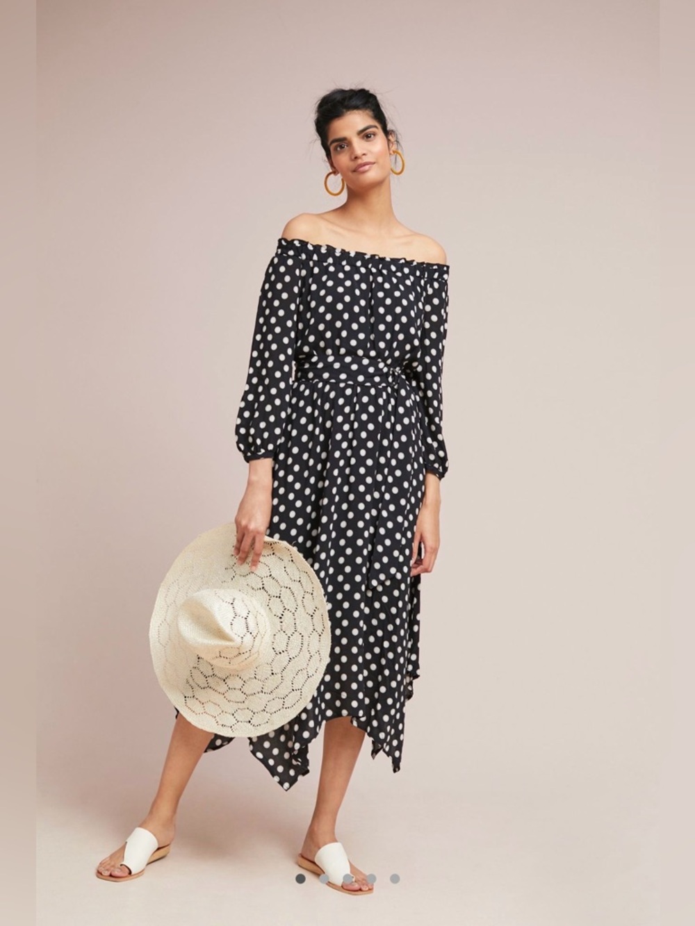 Anthropologie Black Polka Dot Off-Shoulder Midi Dress